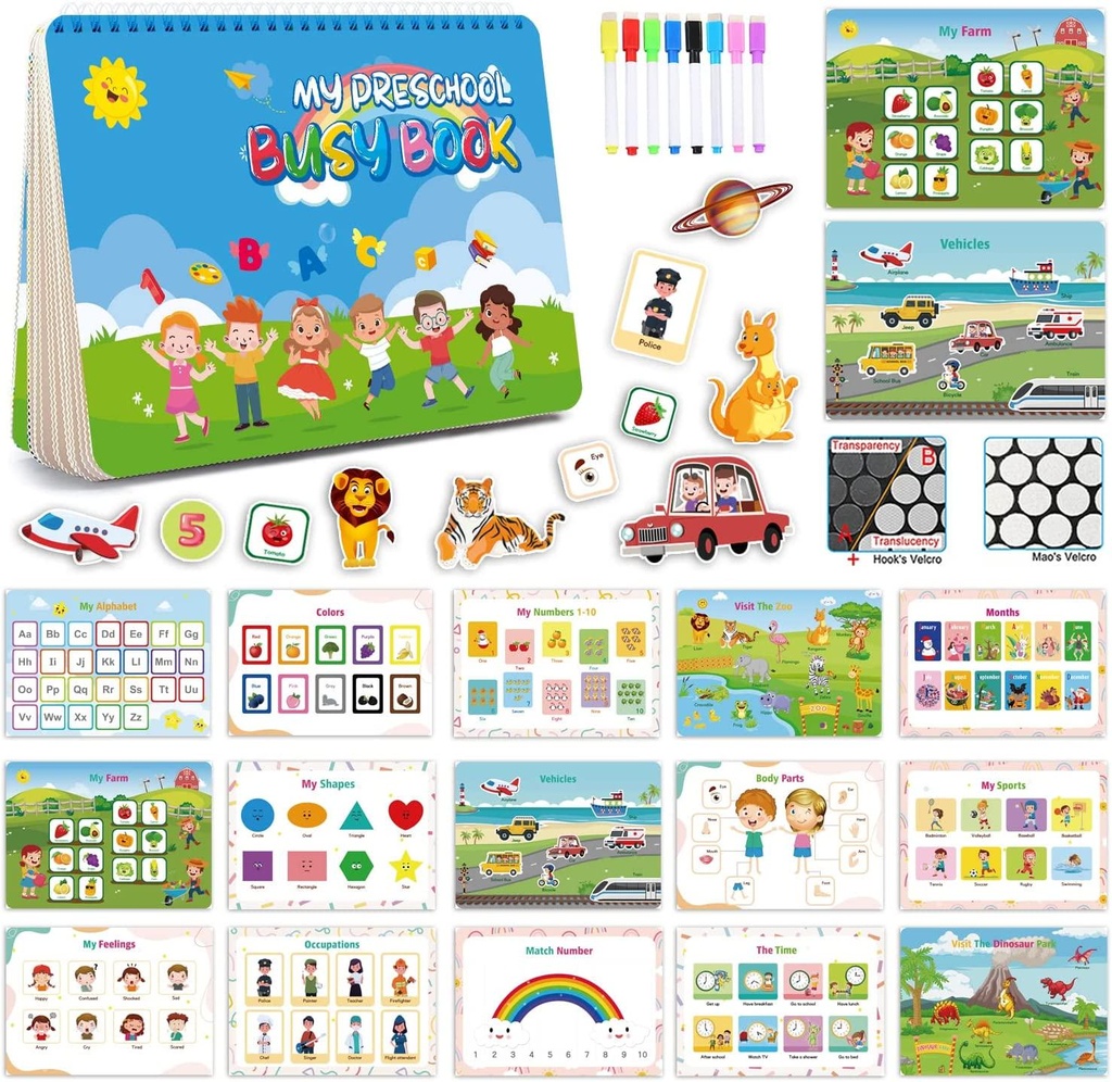Busy Book for Kids, Montessori Toys for Toddlers, Autism Sensory Educational Toys, 12 Pages Toddler Preschool Activity Binder and Early Learning Toys Book - for Boys and Girls Develops Fine Motor Skills