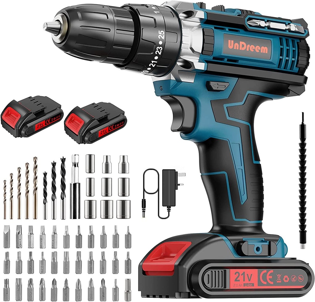 Cordless Drills,21V Max Power Impact Driver, Combi Drill Kit with 2 * 2000mAh Li-Ion Battery, 45 Nm Electric Screwdriver, 25+3 Torque, Double Speed, Led Light, 57 Pieces Accessory Set