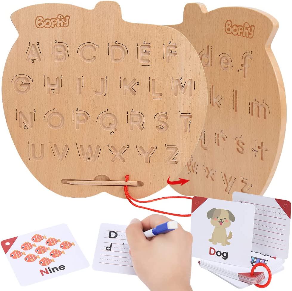 Alphabet Tracing Board, Wood Double-Sided Letters Tracing for Kids, ABC Learning and Education Toys for Preschooler, Montessori Gift for Toddler 3, 4, 5