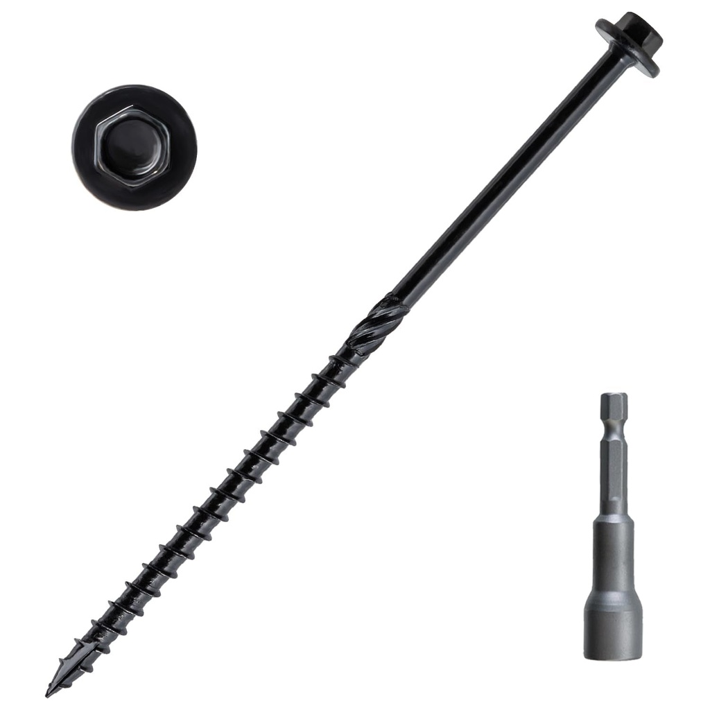 LIONMAX Structural Wood Screws 6 Inch, 100-PCS #14 X 6" Heavy Duty Black Timber Screws, Rust Resistant, Hex Head Outdoor Log/Landscaping Wood Screw, Hex Socket Included