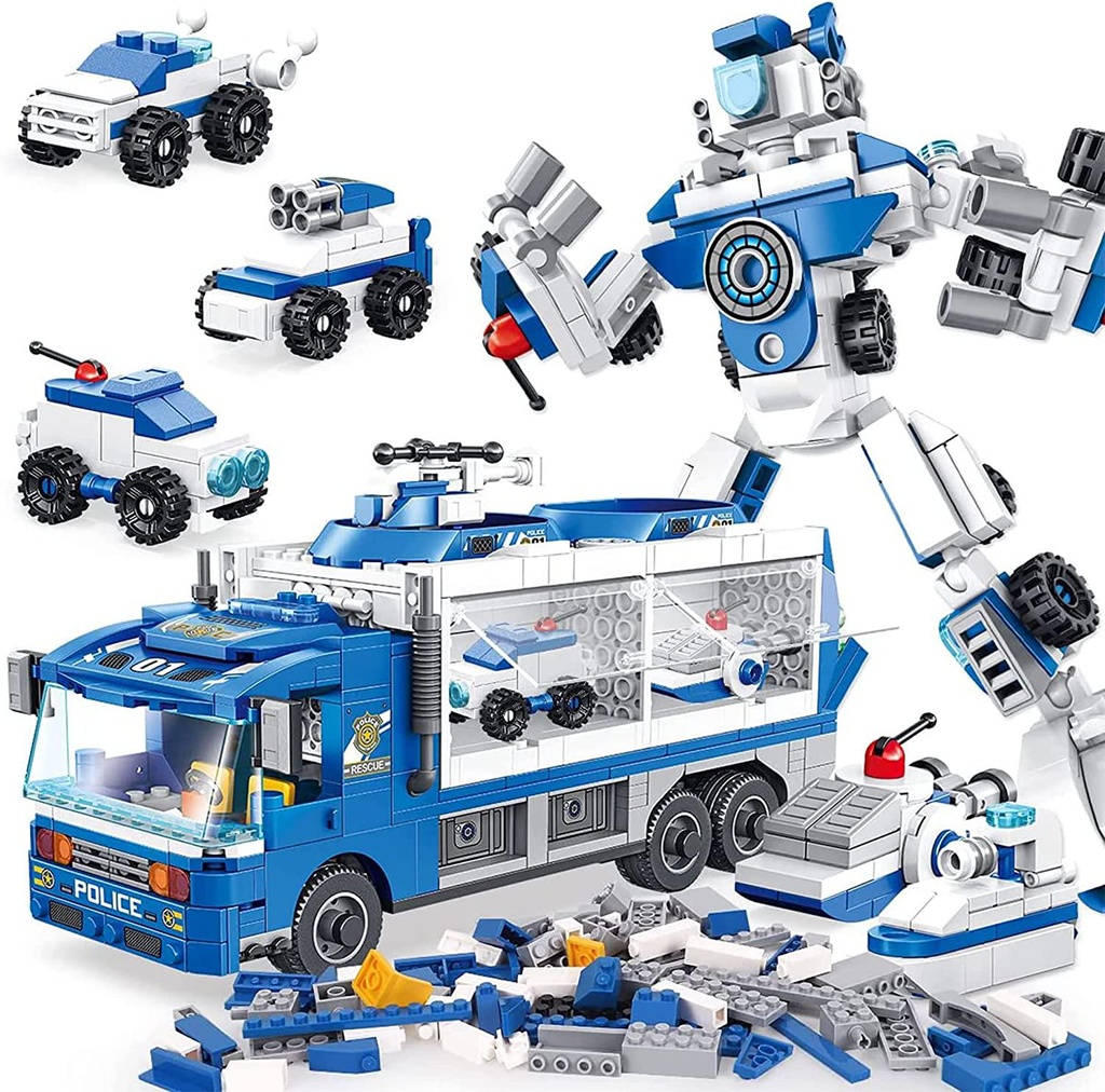 PANLOS STEM Robot Educational Learning Building Bricks Toy Carrier Truck Set Vehicles Gifts for Kids Boys and Girls Tight Fit and Compatible with All Major Brands (Blue)-653PCS