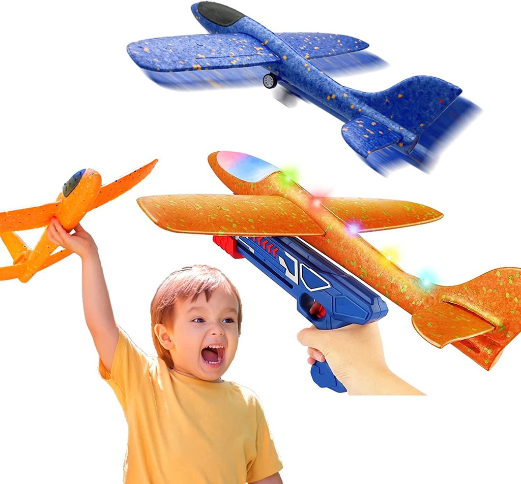 2 Pack Catapult Airplane Toys Set with Launcher,17.5'' LED Throwing Foam Glider 2 Flight Mode,Kids Outdoor Flying Aircraft Toys for 3 4 5 6 7 8 9 Year Old Boys,Birthday Party Supplies(Orange+Blue)