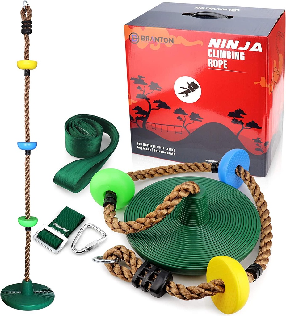 B BRANTON Climbing Rope Ninja Line Accessories Durable Climbing Rope with Disc Swing Seat Ninja Training Equipment for Kids - Enhance Your Ninja Obstacle Course