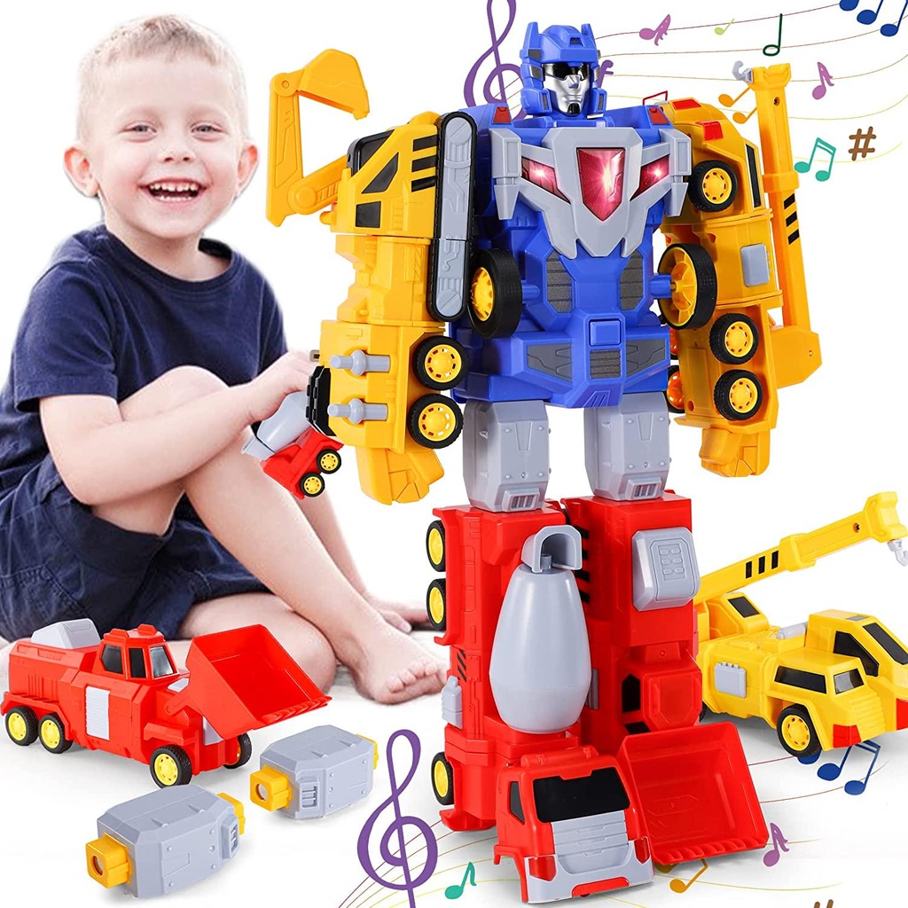 Bennol Transformer Robot Toys for Kids Boys, 5-in-1 Construction Vehicles Trucks STEM Magnetic Assemble Building Toys with Light and Sound, Pull-Back Play Trucks for Toddler Boys Aged 3 4 5 6 Years Old