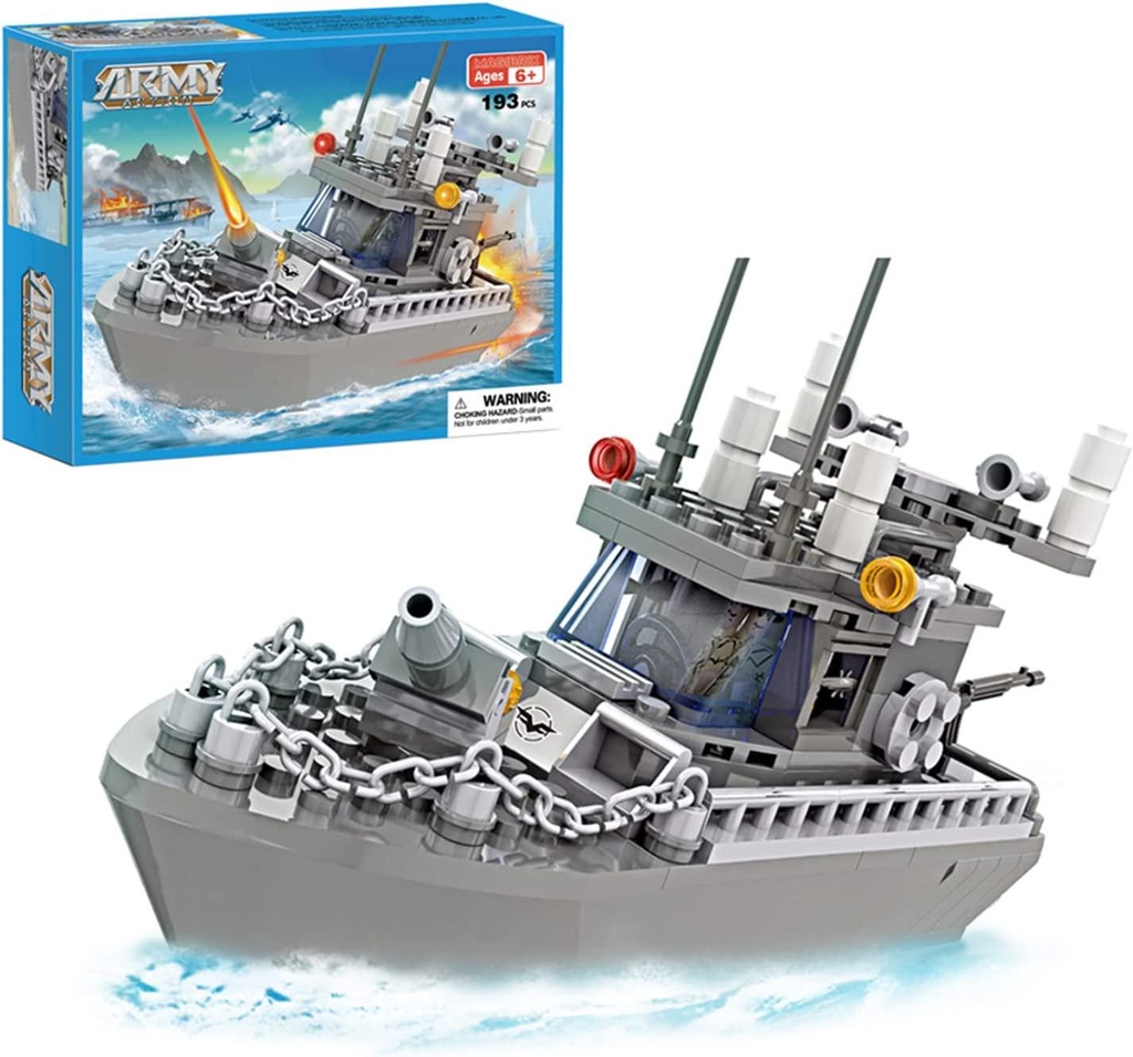 Battleship Building Blocks 193 Pcs Army Ship Toys Coast Guard Warship with Solid Hull and Deck Military Building Set for Kids Boat Construction Toys for Boys Girls Aged 6-12