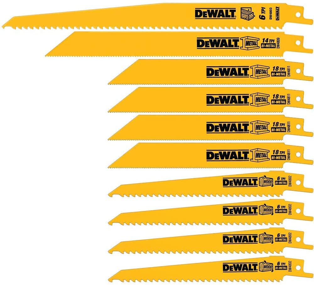 Dewalt Wood Metal Reciprocating Saw Blade 10-Pieces Set with Case, Multicolor