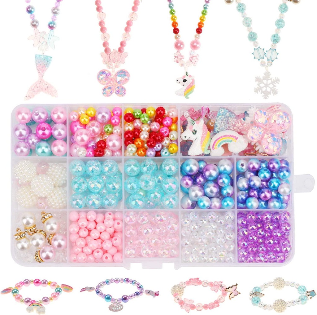 Hifot DIY Bead Jewelry Making for Girl, Children Unicorn Mermaid Butterfly Princess Necklace Bracelets Making Art Craft Creativity Bead Kit 400pcs+