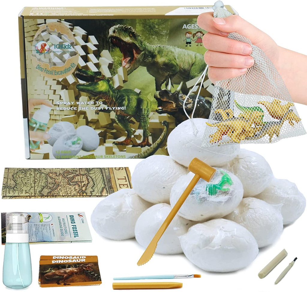 IQKidz Dinosaur Eggs Dig Kit - Easter Egg with Dino Toys, 12 Unique Dinosaur Fossils, Fun Dinosaur Bones Excavation Kits for Kids 6 7 8 9-12 Years Old, Archaeology Science STEM Gifts for Boys and Girls