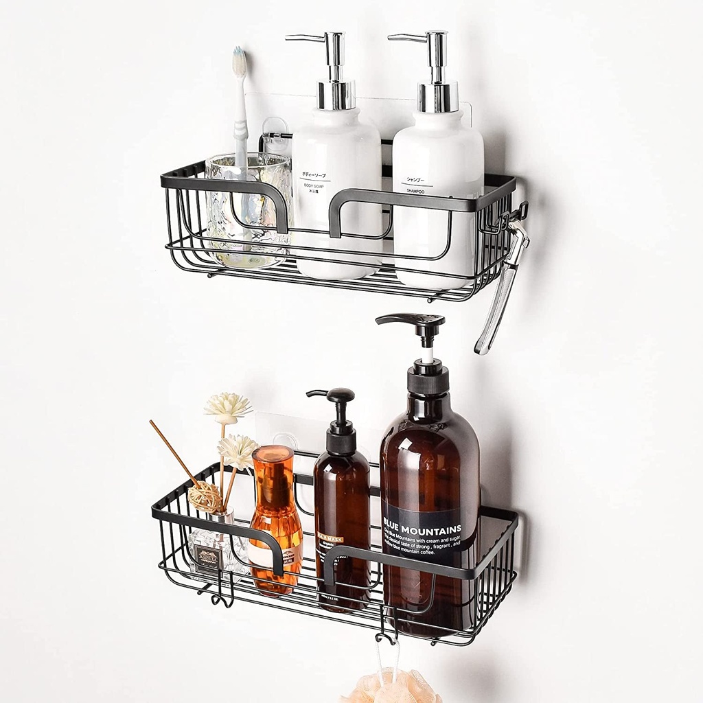 YOHOM Shower Caddy Basket Bathroom Shelves Organiser Storage Adhesive Kitchen Rack Shampoo Shower Gel Holder Wall with Hooks for Razor and Sponge Stainless Steel No Drilling Black 2Pcs