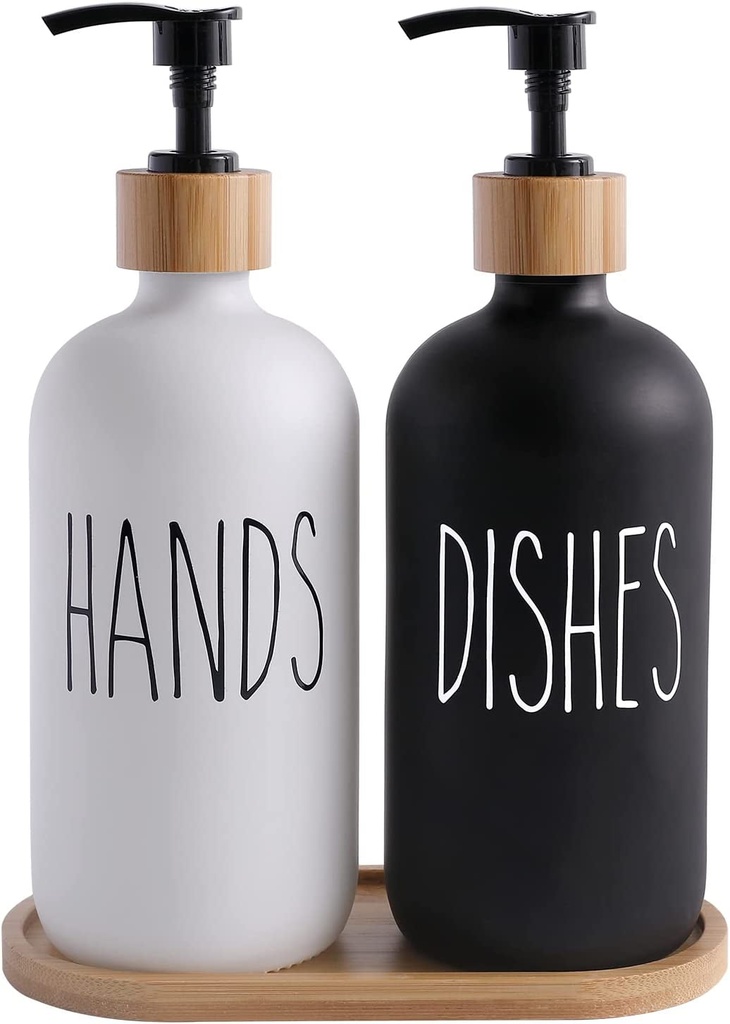 MOMEEMO Glass Soap Dispenser Set, Contains Glass Hand Soap Dispenser and Glass Dish Soap Dispenser. Kitchen Soap Dispenser Set Suitable for Black and White Kitchen Decor. (Black & White)