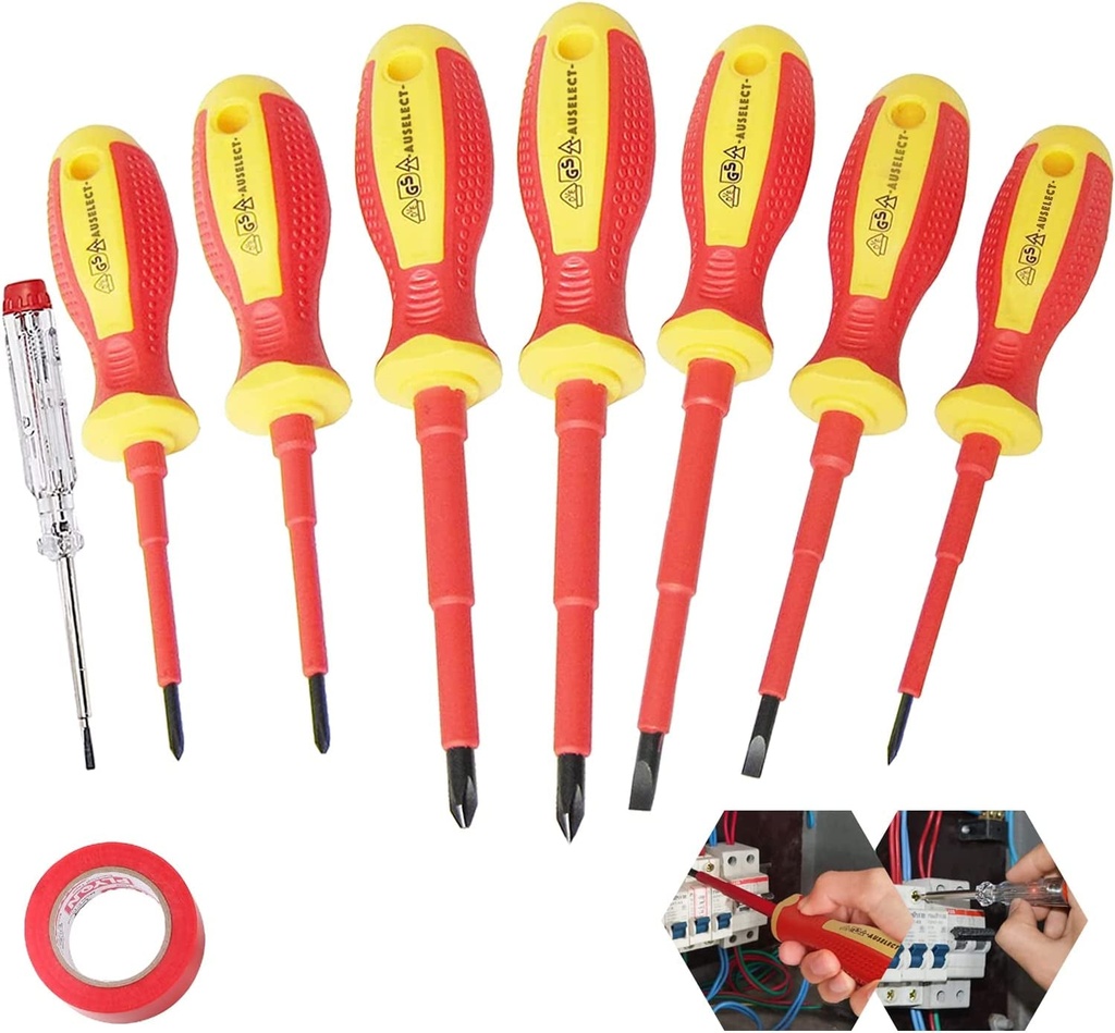 VDE Screwdriver Insulated Electrician Tool Set (9-Pack), 1000V Approved VDE Magnetic Slotted & Phillips Screwdrivers with Steel Tips, Voltage Tester & Electrical Tape for Electrical, Mechanic & Engineer Tasks.