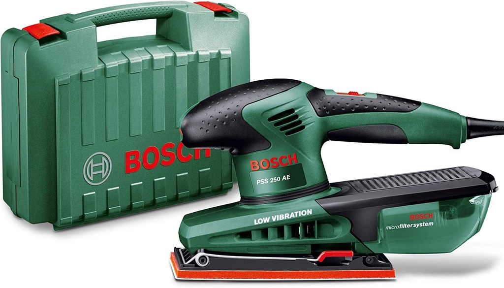 Bosch PSS 250 AE Orbital Sander (250 Watt, 3X Sandpaper Sheets Included, in Case)