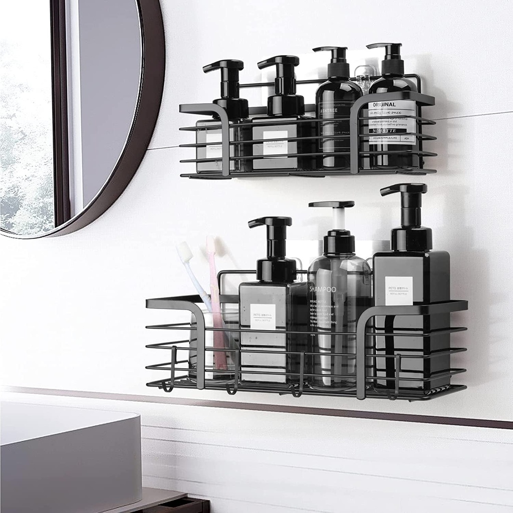 2Pack Shower Caddy,Hushnow Shower Shelves Black Shower Organizer Shower Racks Adhesive Shower Storage Kitchen Bathroom Bedroom Wall Mounted Rustproof SUS304 Stainless Steel