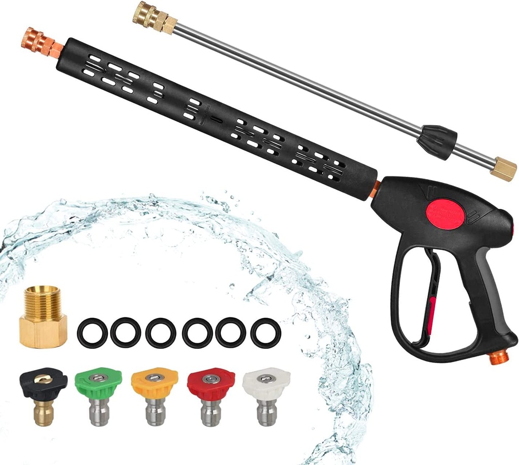 Koreal Pressure Washer Gun Black Car Wash Gun with Replacement Extension Wand, M22 15Mm or M22 14Mm Fitting, 5 Nozzle Tips, 40 Inch, 4000 PSI