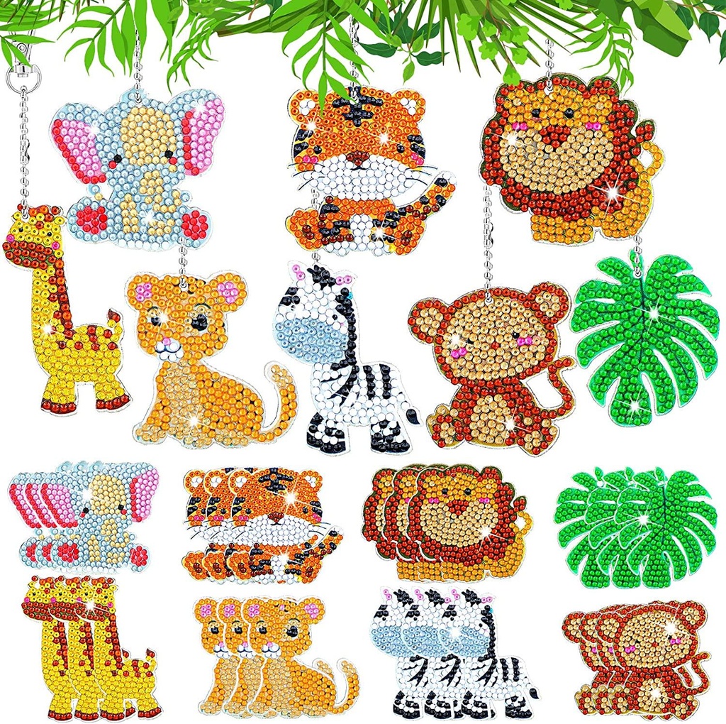 24 Pcs Diamond Painting Keychain 5D Diamond Painting Kits for Kids and Adult Paint with Diamonds by Numbers Full Drill Sea Animal Bird Butterfly Diamond Pendant Art Craft (Jungle Animal Style)
