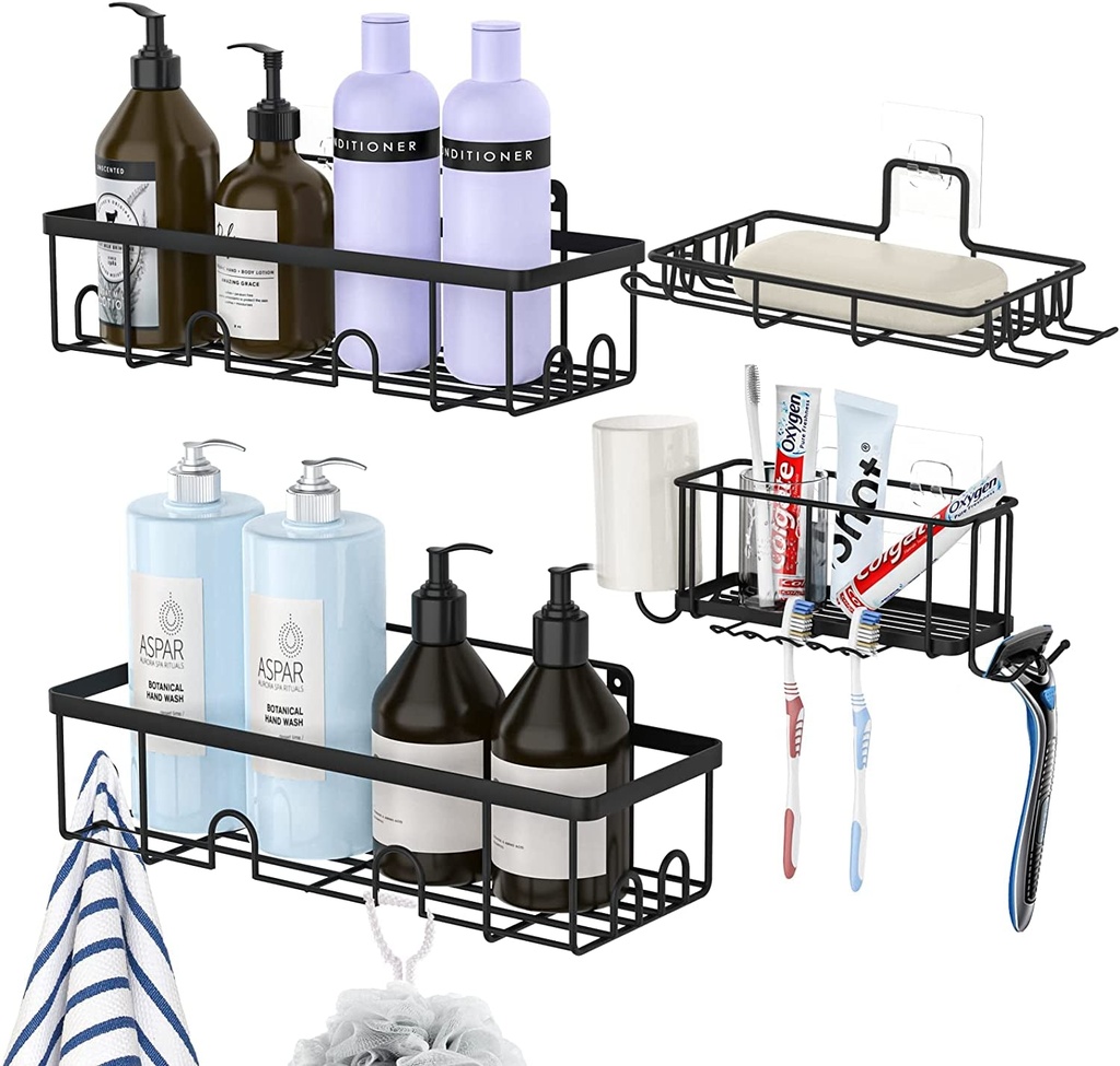 COSANSYS Shower Caddy Bathroom Shelf with 1 Soap Holder and 1 Toothbrush Holder, 4Pack Adhesive Bathroom Storage Organizer Rustproof Basket with Hooks, No Drilling - Shower Caddy Rack Hanging Wall Mounted for Shower Kitchen - Black