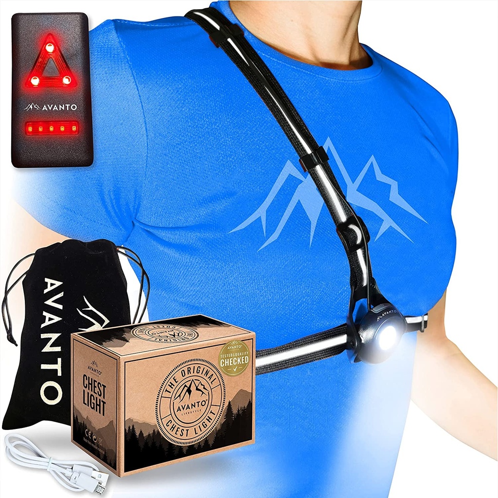 AVANTO PRO Chest Running Light for Runners and Joggers, Original, Adjustable Beam and Reflector, All in One Reflective Running Vest Gear, Safety Light, Headlamp Flashlights, USB LED Bicycle Light