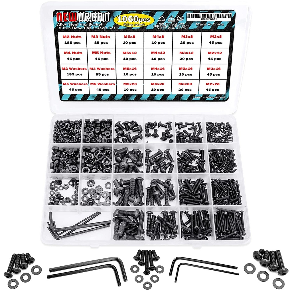 NEWURBAN 1060 Pcs M2 M3 M4 M5-304 Alloy Steel Hex Socket Head Cap Metric Bolts Screws Nuts Washers Assortment Kit - Allen Hex Drives - Button Head Cap Screws - Storage Box
