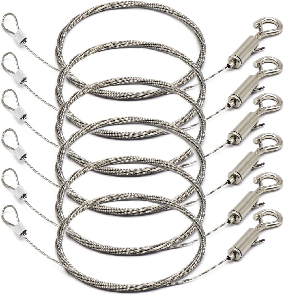 6Pcs Adjustable Picture Hanging Wire with Loop and Hook, 6.5Ft (2Meters) Heavy Duty Picture Hanging Wire Kit, Stainless Steel Hanging Wire Rope for Mirror, Picture, Light/Lamp Holder - up to 20KG