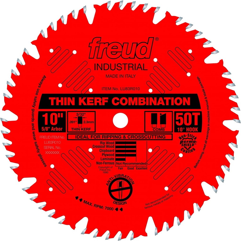 Freud 10 In. 50 Tooth Thin Kerf Combination Saw Blade with 5/8 In. Arbor(Lu83R010)