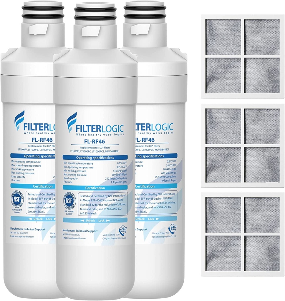 Filterlogic LT1000PC ADQ747935 MDJ64844601 NSF Certified Refrigerator Water Filter and Air Filter, Replacement for LG® LT1000P®, LT1000PC, LT-1000PC MDJ64844601 and LT120F®, 3 Combo, Package May Vary