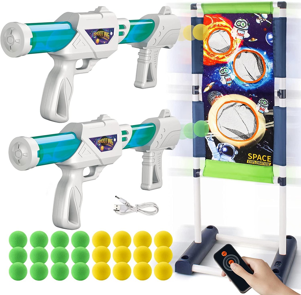 Shooting Game Toy for Kids with 2 Air Pump Guns, 24 Soft Foam Balls, Rechargeable Moving Space Target Stand with Remote Control, Foam Ball Popper Air Toy Guns for 5 6 7 8 9 10+ Years Old Boys Girls