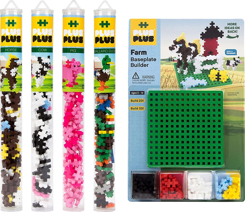 PLUS PLUS - Farm 5 Piece Playset Bundle, Baseplate and 70 pc Tubes - Construction Building Stem / Steam Toy, Interlocking Mini Puzzle Blocks for Kids