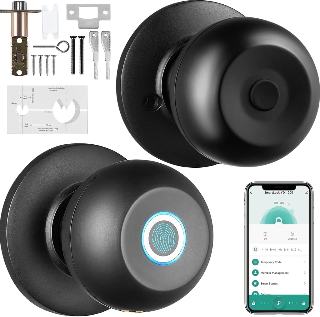 VEVOR Smart Door Knob, Fingerprint Smart Lock with APP Control, Biometric Door Lock Bluetooth Smart Lock, Easy Installation Door Lock, for Home Bedrooms, Cloakroom, Hotels, Apartments Offices, Black