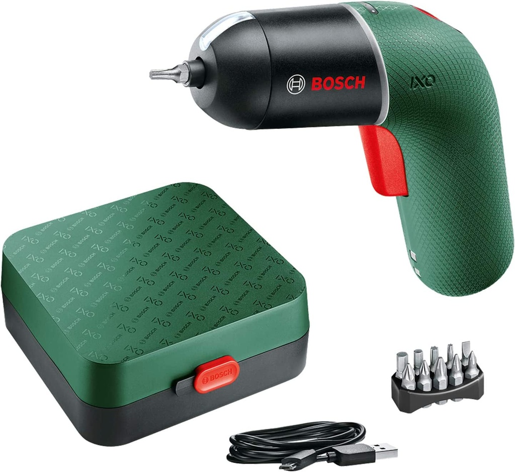 Bosch Cordless Screwdriver IXO VI Premium (3.6 Volt, Rechargeable Battery with Micro-Usb Cable, Variable Speed Control, 10 Screwdriver Bits, in Case, Green)