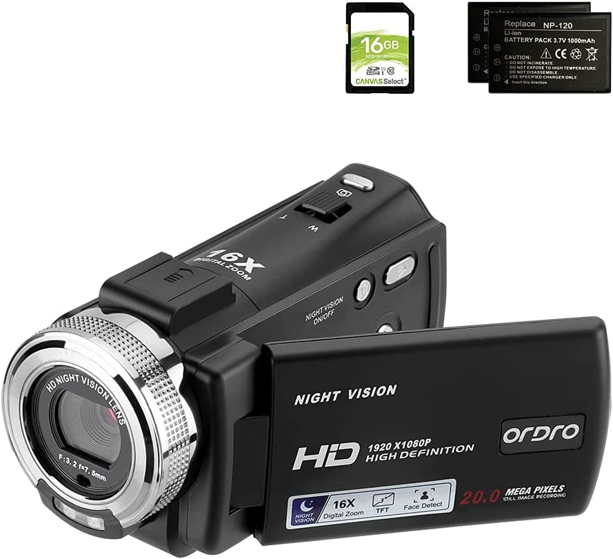 Camcorders  HDV-V12 HD 1080P Video Camera Recorder Infrared Night Vision Camera Camcorders with 16G SD Card and 2 Batteries