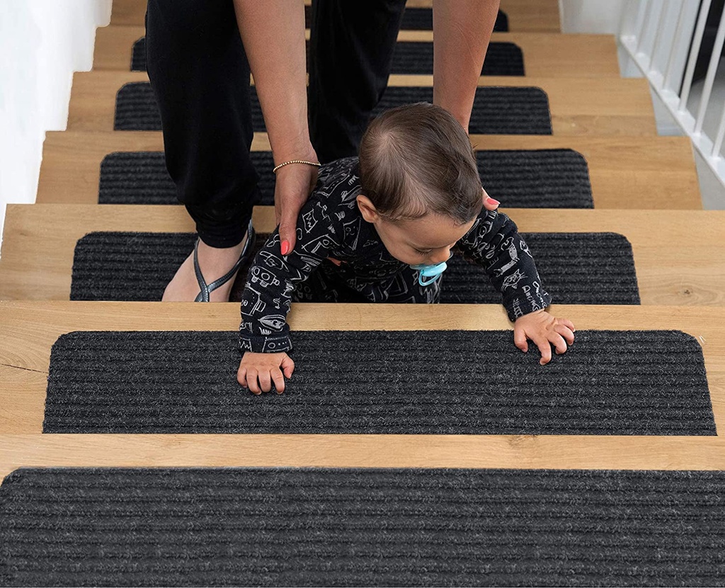 Non Slip Carpet Stair Treads, Set of 15, Rug Non Skid Runner for Grip and Beauty. Safety Slip Resistant for Kids, Elders, and Dogs. 20Cm X 75Cm（7.8" X 29.2", Brown/Gray, Pre Applied Adhesive