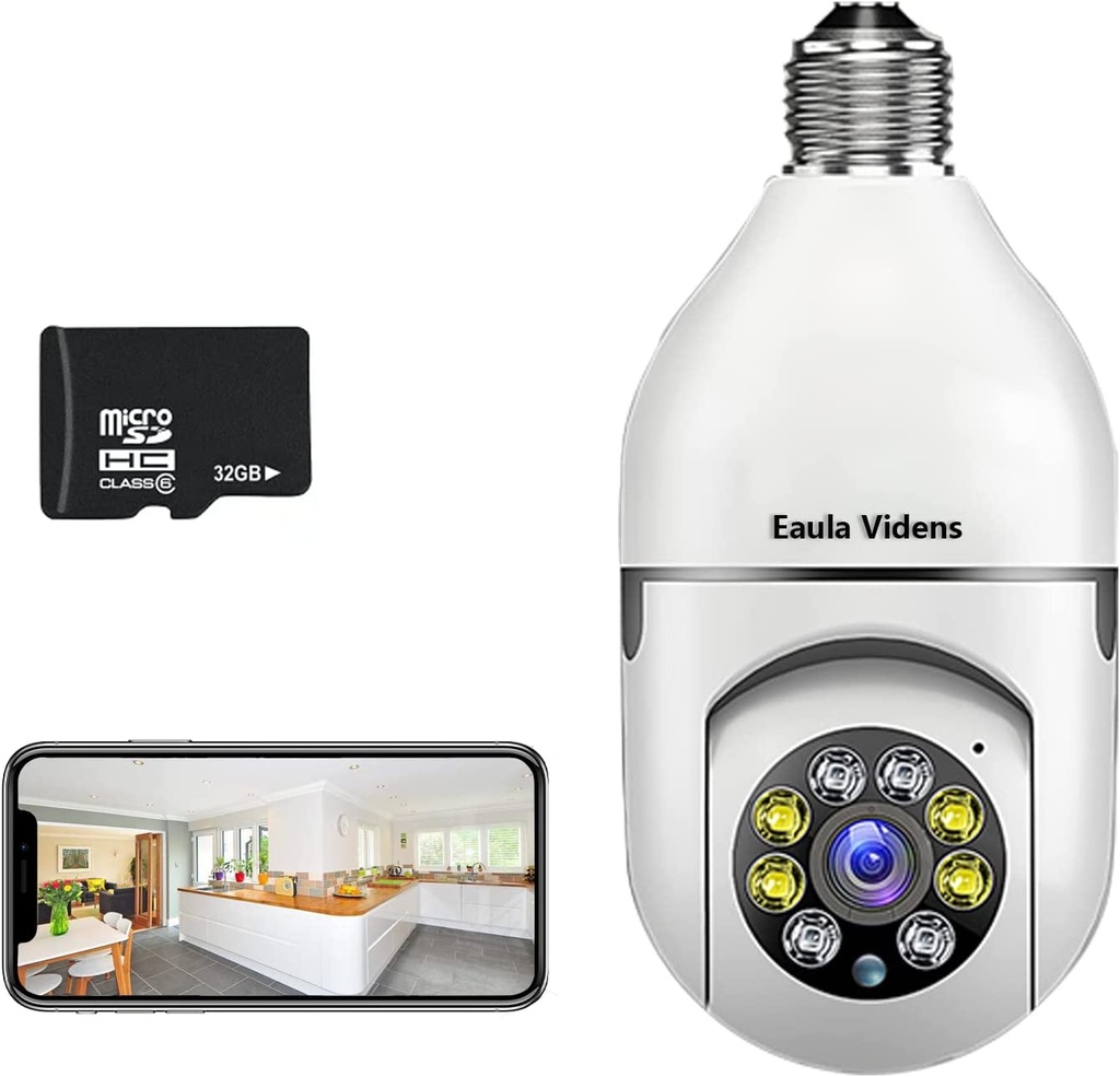 Light Bulb Security Camera 1080P, PTZ Wifi 360 Degree E27 Panoramic IP Camera,Night Vision Color, Motion Detection,Support WIFI2.4GHZ/5.0GHZ, APP Access(White) (Security Camera+32Gb)