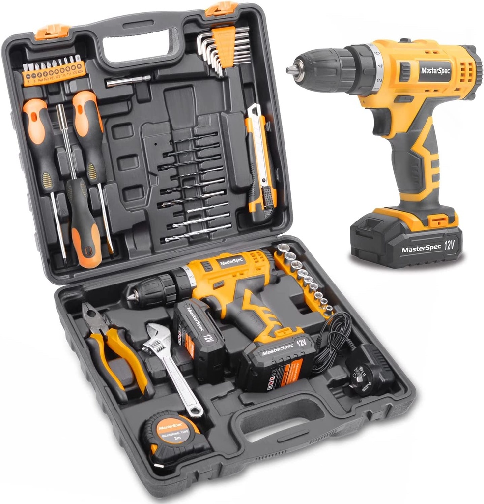 47Pcs 12V Cordless Drill Driver Set Household Hand Tool Kit W/ 2 Batteries