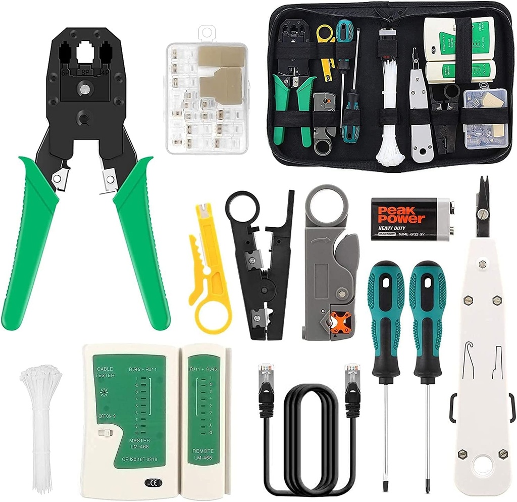 16 in 1 Network Repair Tools Professional Network Cable Tester Kit Network Maintenance Kit for RJ11 / 12/45 Network Crimper Tool with 17 Connectors and 2M Network Cable