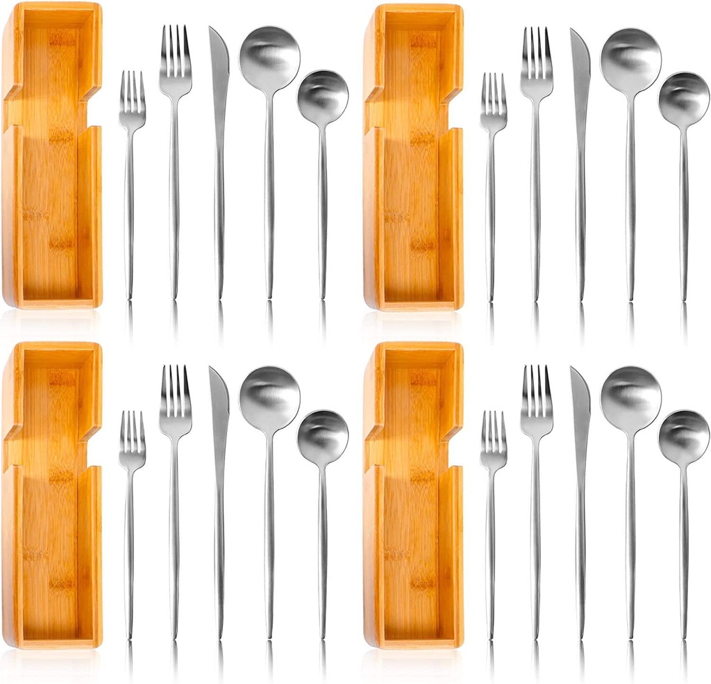 KYONANO Cutlery Set 20 Pcs Stainless Steel Flatware Set with Bamboo Organizer, Service for 5 Flatware Silverware Set, Reusable Cutlery Set, Including 4 Knives 8 Forks 8 Spoons, for Home Restaurant Travel Camping, Matte Silver