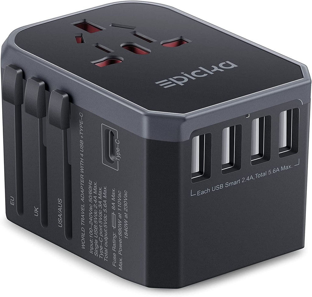 Universal Travel Adapter One Worldwide International Wall Charger AC Plug Adaptor with 5.6A Smart Power 3.0A USB Type-C for USA EU UK AUS Cell Phone Tablet Laptop (Grey)