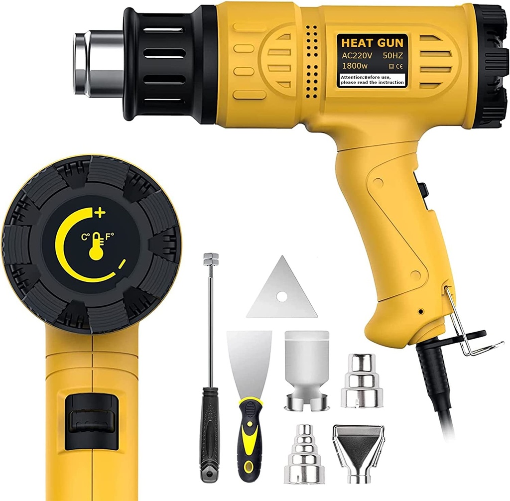 Heat Gun 1800W 122℉~1112℉（50℃- 600℃）Fast Heating Heavy Duty Hot Air Gun Kit Variable Temperature Control Overload Protection with 4 Nozzles for Crafts, Shrinking PVC, Stripping Paint(220V)