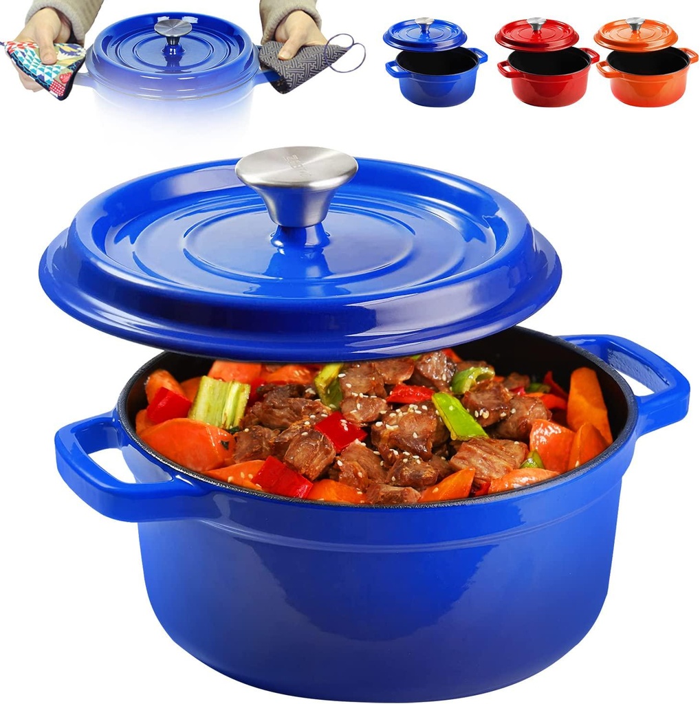 Billord Enameled Cast Iron Dutch Oven 5.5-Quart, Enamel Cast Iron Pot with Lid and Pot Holders, Blue