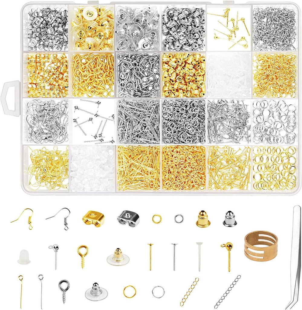 SUNKIM 2400Pcs Earring Making Kit Earring Making Supplies Set with Earring Hooks Findings Earring Backs Screw Eye Pins Head Pin Earring Post Jump Ring Opener Tool Tweezer Extender Chain Gold Silver