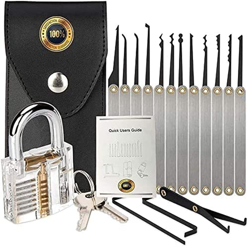 Lock Picking Kit with Practice Lock - Stainless Steel Multitool Practice Tool Lock Set with Padlock 15Pieces