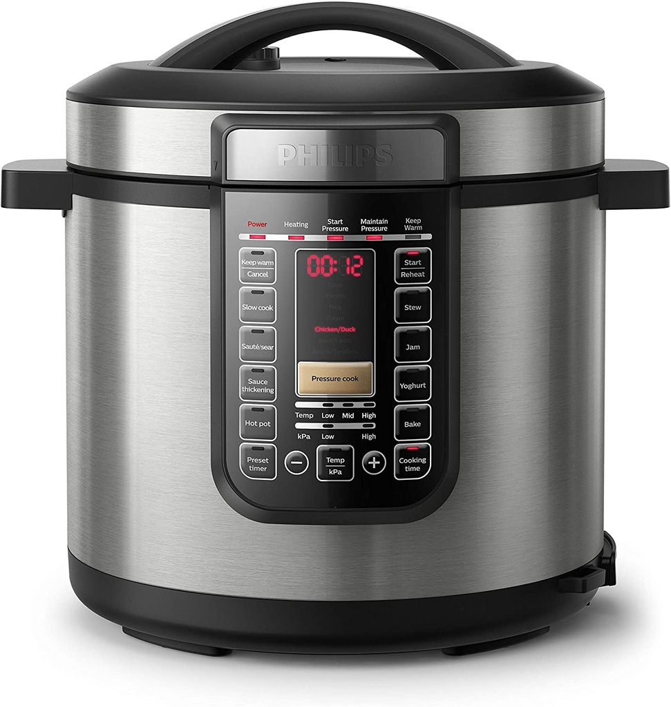 All in One Multi Cooker/Pressure Cooker/Slow Cooker with 20 Pre-Set Cooking Programs, 9 Safety Protection Systems and Adjustable Cooking Time/Temperature/Pressure, 8L, HD2238/72, Silver