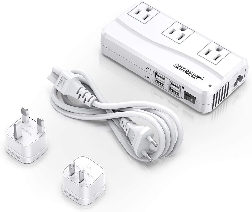 Universal Travel Adapter 220V to 110V Voltage Converter with 6A 4-Port USB Charging and UK/AU/US/EU Worldwide Plug Adapter (White)