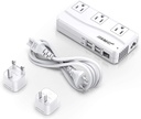 Universal Travel Adapter 220V to 110V Voltage Converter with 6A 4-Port USB Charging and UK/AU/US/EU Worldwide Plug Adapter (White)