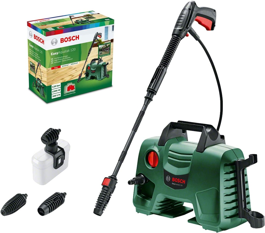 Bosch High Pressure Washer Easyaquatak 120 (1500 Watt, 120 Bar / 1740 PSI, High Pressure Gun, Lance, 5 M Hose, Variable Fan Jet Nozzle, Rotary Nozzle and Detergent Nozzle Included, in Box)
