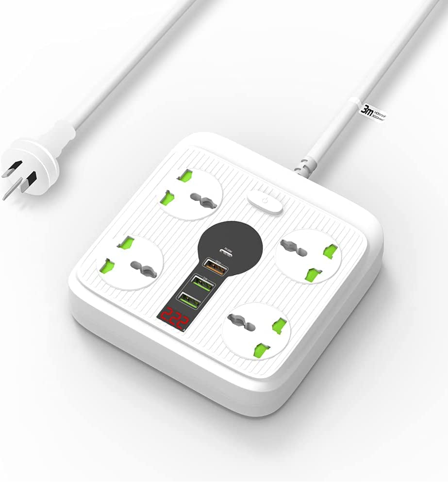 Power Board with USB C and USB A, 4 Universal Plugs Power Strip,1 Type C 20 W,1 QC 3.0 + 2Pcs 5V/2.1A USB Charging Ports, 10 Feet Cable 3000W/12A Surge Protector