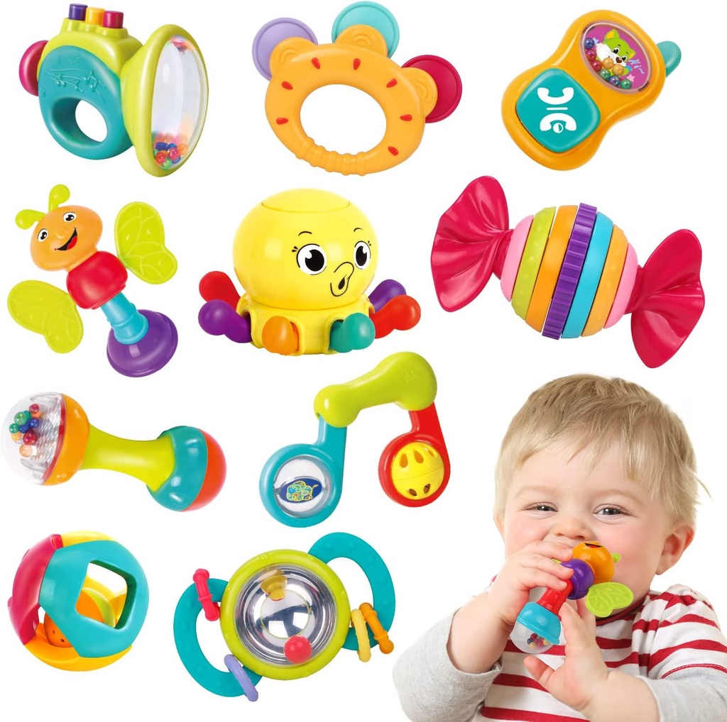 REMOKING Baby Toys 0-6 Months 10pcs Teething Rattles Toys,Infant Teether Toys and Shaker Grab Rattles,Newborn Baby Sensory Toy for Early Development,Gifts for 0-3-6-12 Months Old Infant Baby Boy Girl