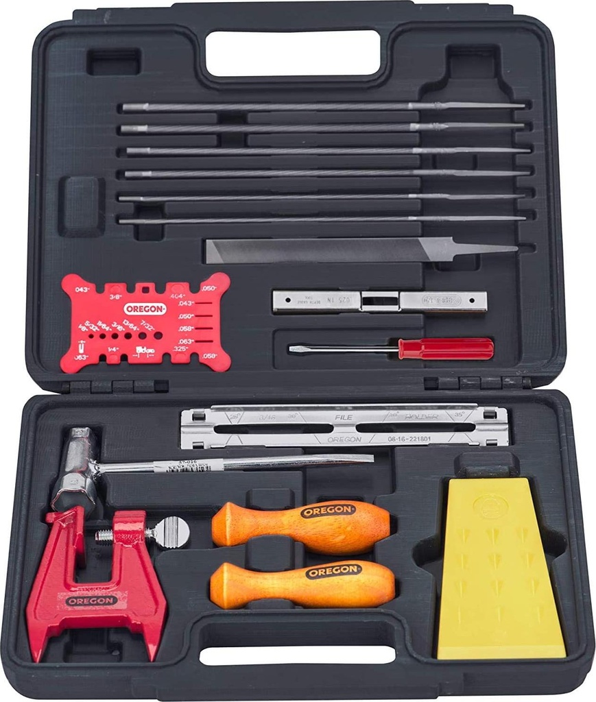 Oregon Chainsaw Chain Sharpening Kit with Hard Case - Contains Files, Handles, Depth Gauge, Stump Vise, Felling Wedge, and More Accessories