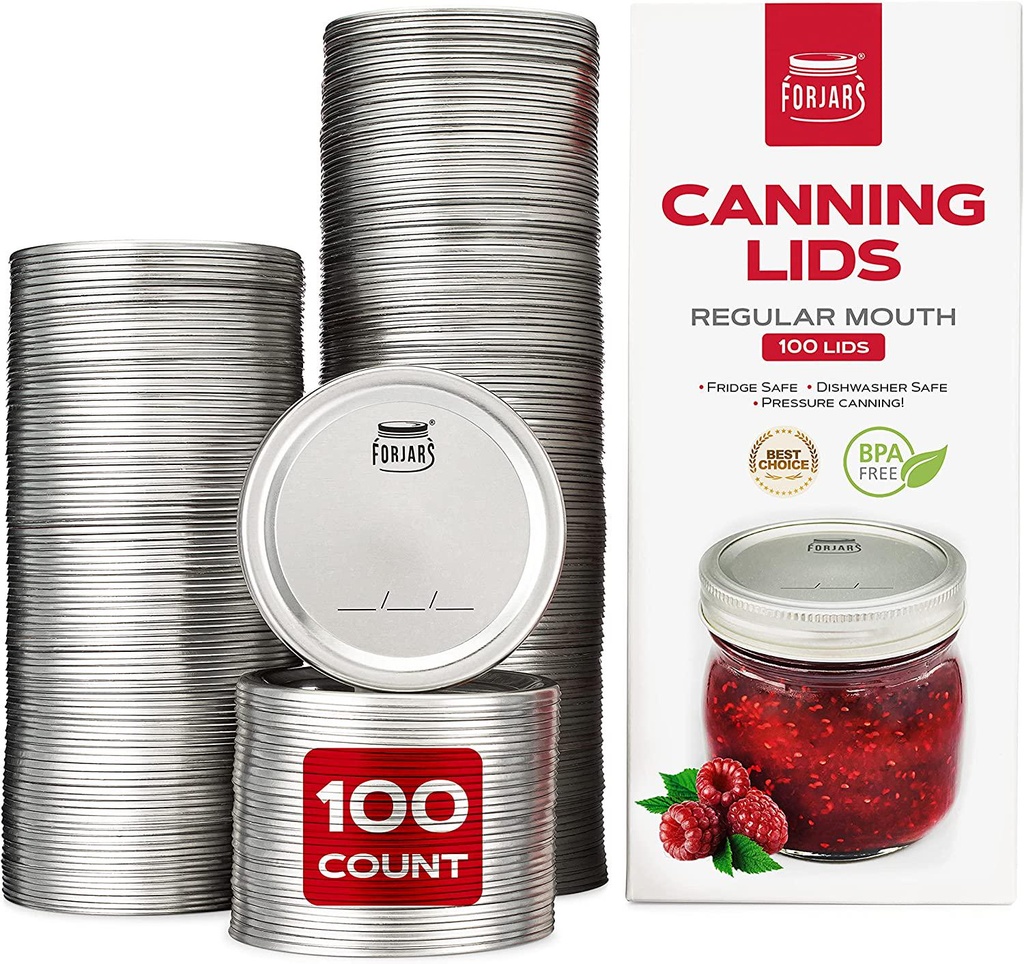 Canning Lids Regular Mouth, 100-Pack Create Airtight Seals on Mason Jars to Preserve Food for Meal Prep and Food Storage 2.7 In. Steel Lids with Silicone Seals Canning Supplies by FORJARS