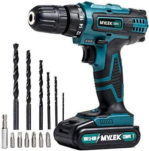 MYLEK 18V Cordless Drill - Lithium Ion Drills Driver Screwdriver Set - 13 Piece Combi Accessory Kit - LED Worklight, 18 Volts