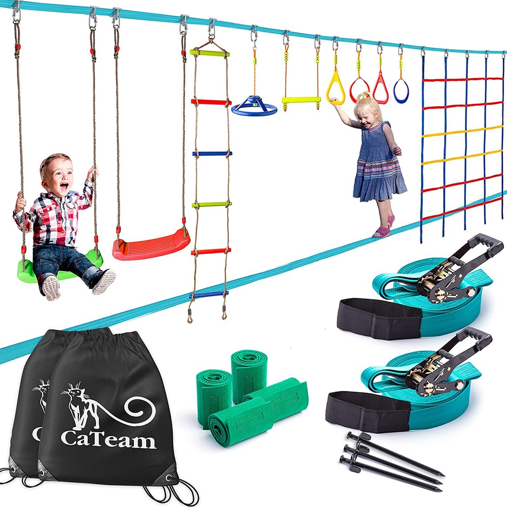 Ninja Slackline Backyard Obstacle Training Course 50' Slackline The Most Complete Hanging Monkey Bars kit for Kids with Ladder and Swing - Portable Training Equipment Gift Set for Kids